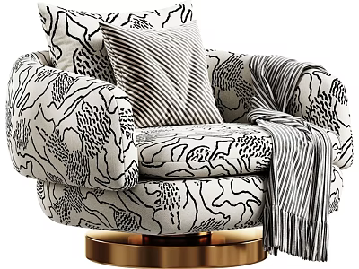 Patterned Accent Lounge Chair With Striped Pillow Throw Blanket And Gold Swivel Base 3d model