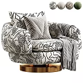 Patterned Accent Lounge Chair With Striped Pillow Throw Blanket And Gold Swivel Base