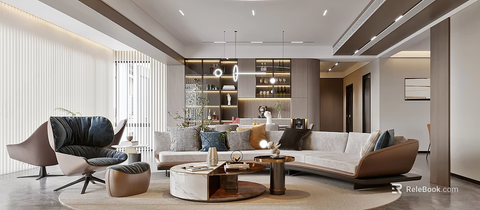 Modern Living Dining Room Interior With Beige Sofa Coffee Table And Pendant Lights Display Shelves 3d model 