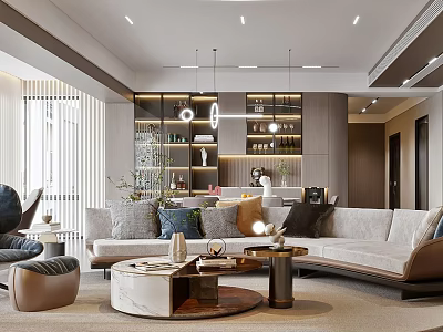 Modern Living Dining Room Interior With Beige Sofa Coffee Table And Pendant Lights Display Shelves 3d model