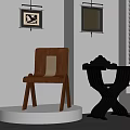 Interior Display Of Wooden And Metal Chairs With Gray Wall And Framed Paintings