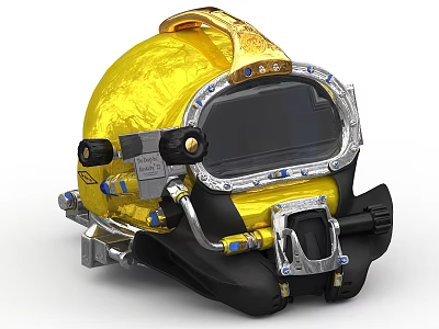 Yellow Diving Helmet With Metallic Components Clear Visor And Safety Straps 3d model