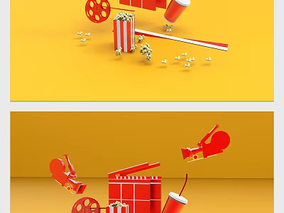 Vibrant Cinema Poster Design With Red Film Reel Popcorn Bucket And Drink Cup 3d model