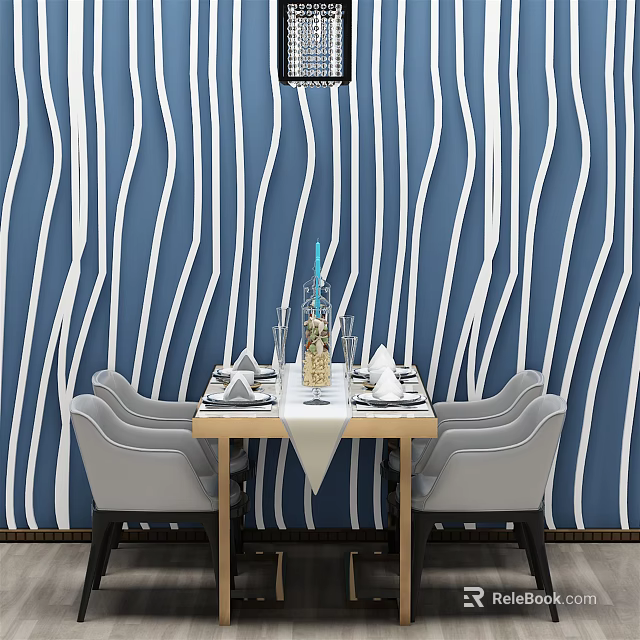 Dining Table Set With Light Gray Chairs And Blue White Wavy Striped Wall 3d model