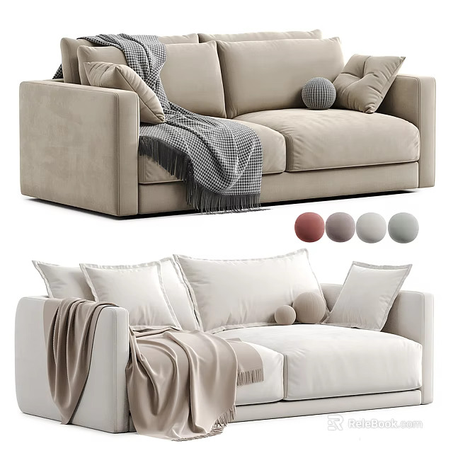 Two Seater Sofa with Soft Pillows and Cozy Throw Blanket and Multiple Color Options 3d model 