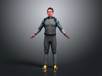 Man In Gray Jumpsuit With Yellow Shoes And Straps Against Gray Background 3d model