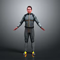 Man In Gray Jumpsuit With Yellow Shoes And Straps Against Gray Background
