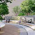 Park Landscape With Circular Seating Area Green Trees Colorful Flowers And People Relaxing