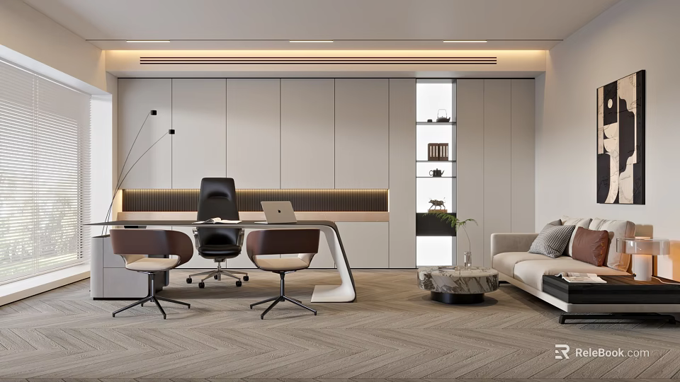 Modern Office Interior Design With Desk Chairs Sofa Bookshelf And Workspace 3d model