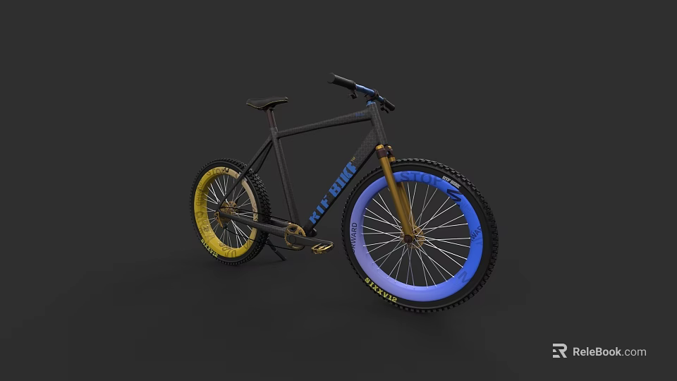 Modern Blue Blaze Bicycle With Black Frame Yellow Blue Wheels And Gold Rims 3d model 