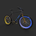 Modern Blue Blaze Bicycle With Black Frame Yellow Blue Wheels And Gold Rims