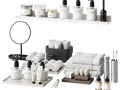 Organized Bathroom Daily Wash Essentials With Soap Dispensers Towels Soap Bars And Storage Shelf 3d model