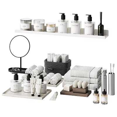 Organized Bathroom Daily Wash Essentials With Soap Dispensers Towels Soap Bars And Storage Shelf 3d model