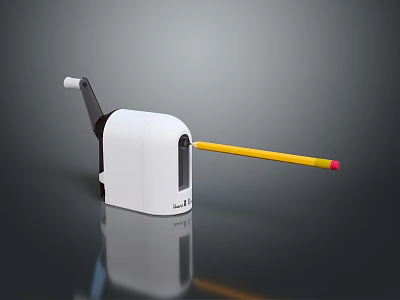 Manual White Pencil Sharpener With Hand Crank Design And Inserted Pencil Yellow Red Tip 3d model