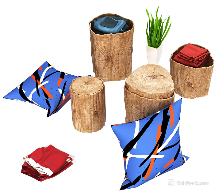 Rustic Log Stools With Blue Orange Patterned Cushions Red Cloth And White Pot Green Plant 3d model