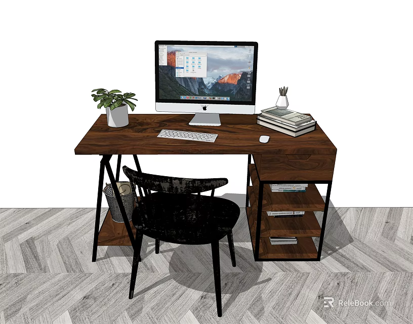 Wooden Office Desk With Computer Monitor Green Plant Books Pen Holder Keyboard And Mouse 3d model 