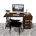 Wooden Office Desk With Computer Monitor Green Plant Books Pen Holder Keyboard And Mouse