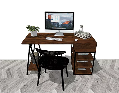 Wooden Office Desk With Computer Monitor Green Plant Books Pen Holder Keyboard And Mouse 3d model