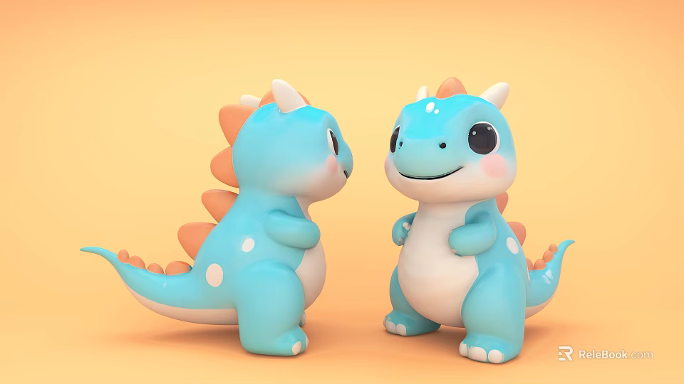 Blue Cartoon Baby Dinosaurs With Orange Spines White Bellies Facing Each Other On Orange Background 3d model 