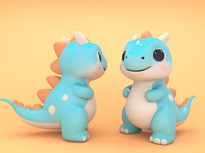Blue Cartoon Baby Dinosaurs With Orange Spines White Bellies Facing Each Other On Orange Background 3d model