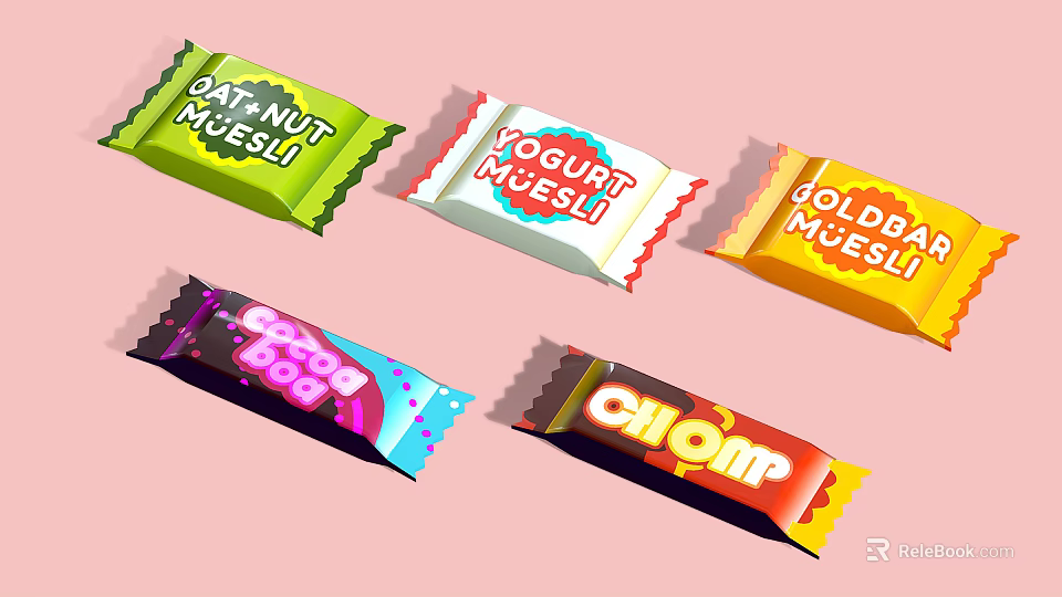 Colorful Wrapped Muesli Bars Featuring Oat Nut Yogurt Golden And Chomp Candy Bob Varieties 3d model 