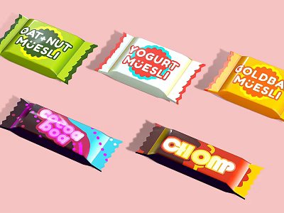 Colorful Wrapped Muesli Bars Featuring Oat Nut Yogurt Golden And Chomp Candy Bob Varieties 3d model