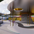 Fun Colorful Kids Playground With Yellow Cloud Structures Red Arches And Raindrop Decorations