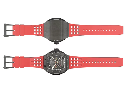Stylish Modern Watch With Black Square Case Red Perforated Strap And Unique Dial 3d model