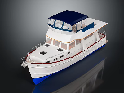 White and Blue Leisure Yacht With Spacious Deck And Multiple Windows For Water Transport 3d model