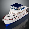 White and Blue Leisure Yacht With Spacious Deck And Multiple Windows For Water Transport