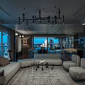 Modern Luxury Dining Living Room With Large Windows City View Black Bar And Metal Stools