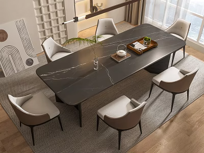 Modern Dining Table Set with Black Marble Top Light Gray Chairs Tray Plant Bright Light 3d model