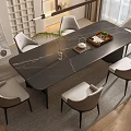 Modern Dining Table Set with Black Marble Top Light Gray Chairs Tray Plant Bright Light