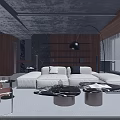Modern Minimalist Living Dining Room Interior With Large Windows Blinds Arched Floor Lamp Beige Sofa