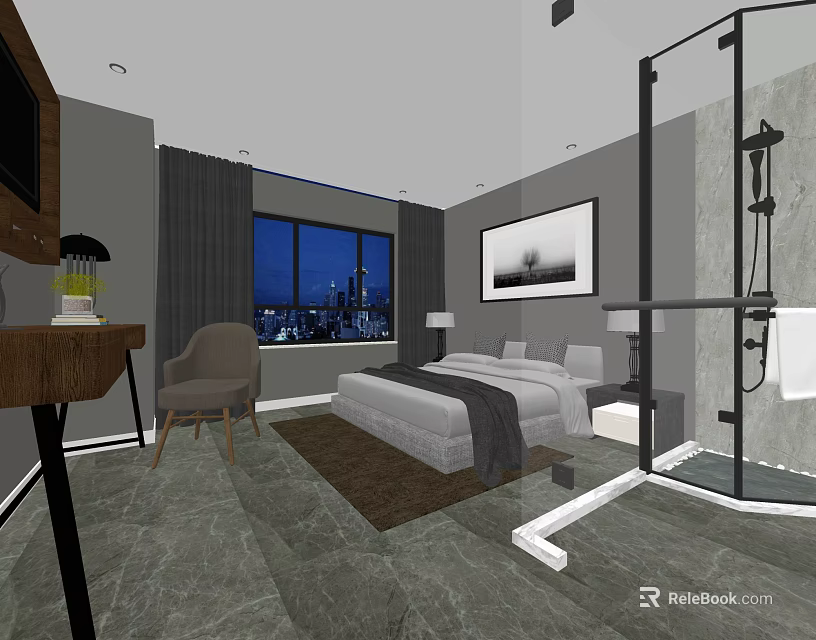 Modern Hotel Guest Room With Large Bed City Night View And Glass Shower 3d model 