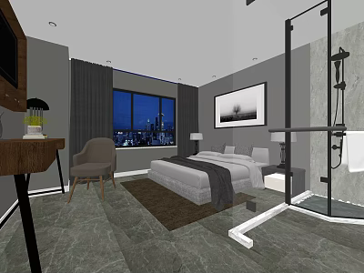 Modern Hotel Guest Room With Large Bed City Night View And Glass Shower 3d model