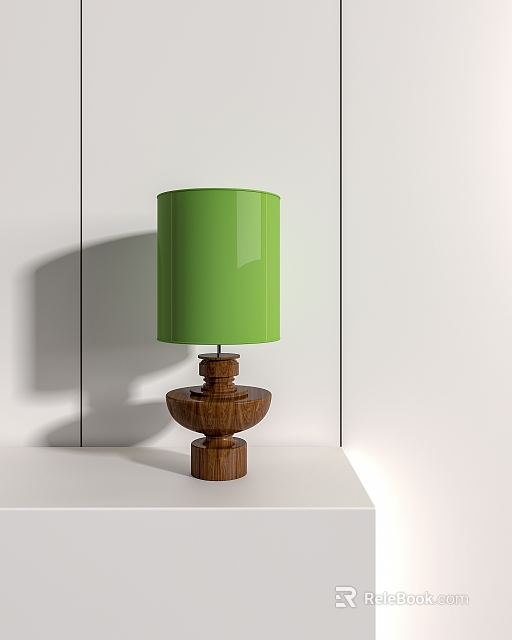 Modern Table Lamp With Green Lampshade And Wooden Base On White Tabletop 3d model 