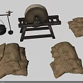 Vintage Traditional Farm Tools with Stone Mill Wooden Scale and Sacks