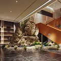 Modern Hotel Lobby Interior Design With Front Desk Marble Floor Staircase And Green Plants