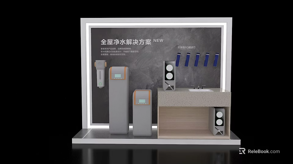 Whole House Water Purification Solution New Display Island With Filtration Devices And Counter 3d model 