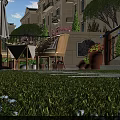Garden Landscape With Lush Green Lawn Outdoor Seating And Potted Flowers Near Elegant Building