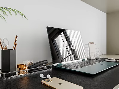 Modern Laptop On Office Desk With Phone Headphones Stationery And Plant Leaves 3d model