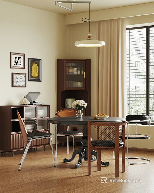 Cozy Interior With Wooden Bookcase Round Table Chairs Ceiling Lamp And Artworks 3d model 