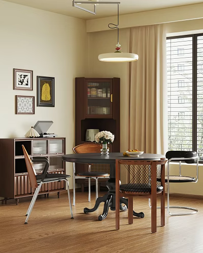 Cozy Interior With Wooden Bookcase Round Table Chairs Ceiling Lamp And Artworks 3d model