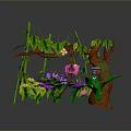 Small Plant Landscape With Green Grass Purple Flowers Brown Branches And Green Leaves