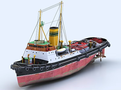 Vintage Tugboat With Yellow Chimney Red Bottom Hull And Deck Crane Structure 3d model