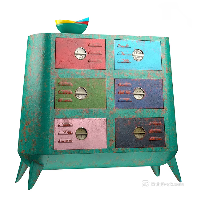Vintage Green Fireplace With Multicolored Red Blue Purple Pink Drawers Rustic Finish Small Knobs Labels 3d model 