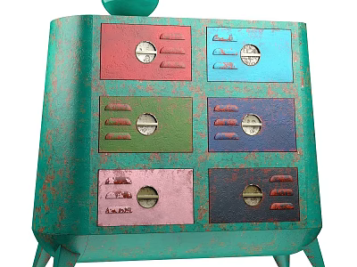 Vintage Green Fireplace With Multicolored Red Blue Purple Pink Drawers Rustic Finish Small Knobs Labels 3d model