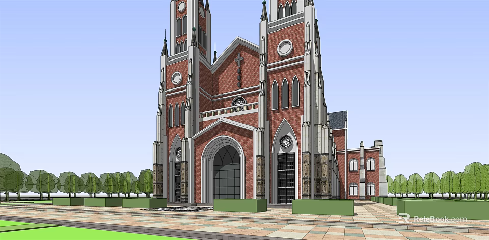 Historic Church Architecture With Red Brick Twin Towers Arched Entrance And Round Windows 3d model 