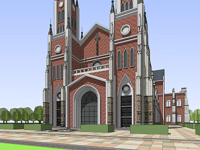 Historic Church Architecture With Red Brick Twin Towers Arched Entrance And Round Windows 3d model